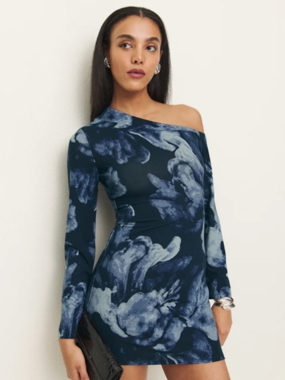 Reformation Off-Shoulder Navy Floral Print Long-Sleeve Mini Dress (Medium)